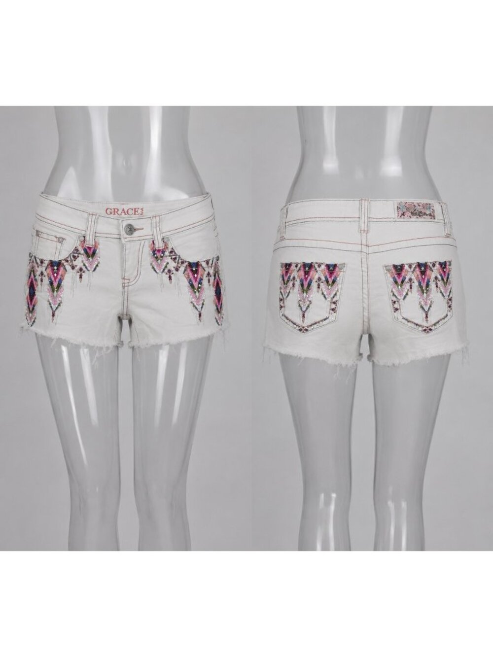 Grace In LA Womens White Embroidered Sequin Denim Shorts frayed  Hem Size 27